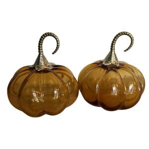 Westminster Amber Glass Pumpkins Brass Stems Set of 2 Fall Harvest Decor 6.6"